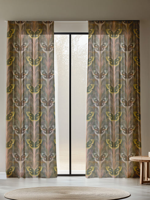 Sheer curtain panel featuring an alternating pattern of golden yellow and silver-gray moths arranged in vertical columns against a dusky background, with delicate rose-gold botanical details connecting each specimen.